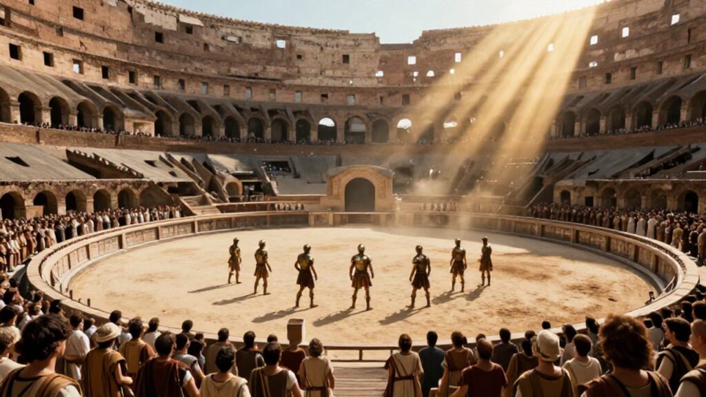 Gladiadores con armadura de bronce compiten en la arena del Coliseo ante una multitud expectante.
