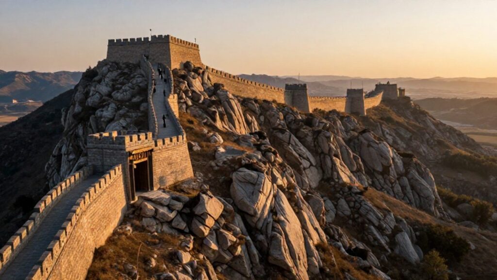 Fortaleza de piedra sobre un acantilado de montaña con soldados patrullando sus murallas al atardecer.