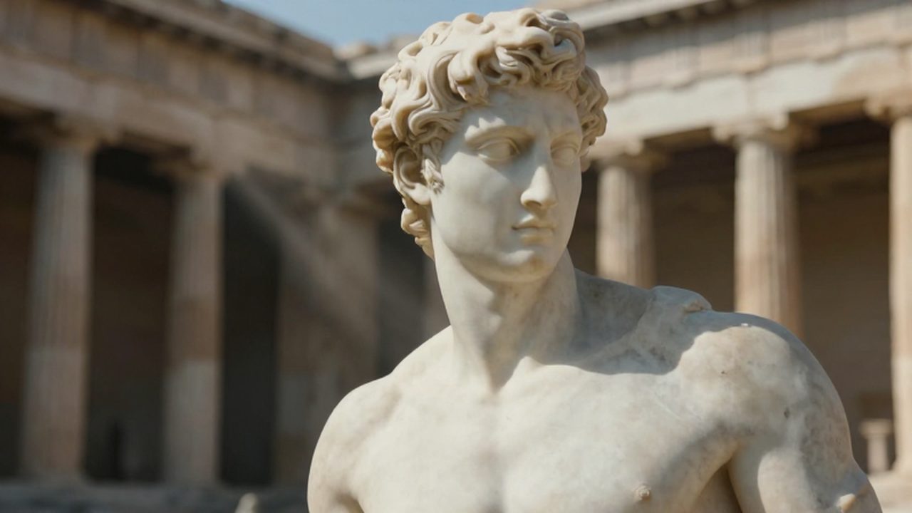 Escultura de mármol blanco de un atleta griego con detalles musculares bajo luz natural.