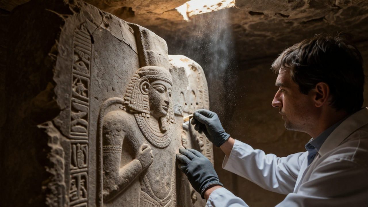 Arqueólogo examinando con guantes un relieve de piedra de una deidad mesopotámica en una excavación.