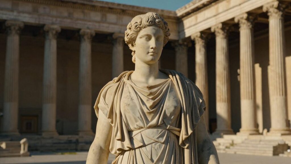 Estatua de mármol de una deidad griega bajo la cálida luz del atardecer en un templo antiguo.