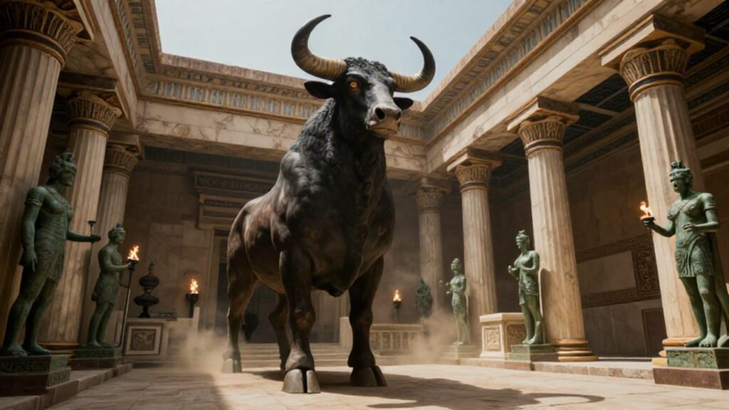 Minotauro imponente con torso humano y cabeza de toro entre columnas de mármol en un palacio antiguo.