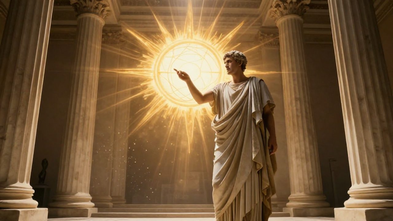 Platón con túnicas de lino contempla una esfera de luz dorada entre columnas de mármol.