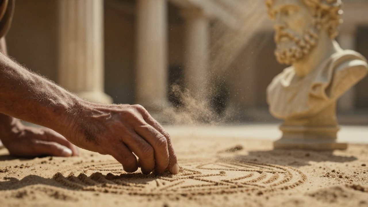 Manos de un filósofo griego trazando patrones geométricos sobre arena fina bajo la luz del sol.