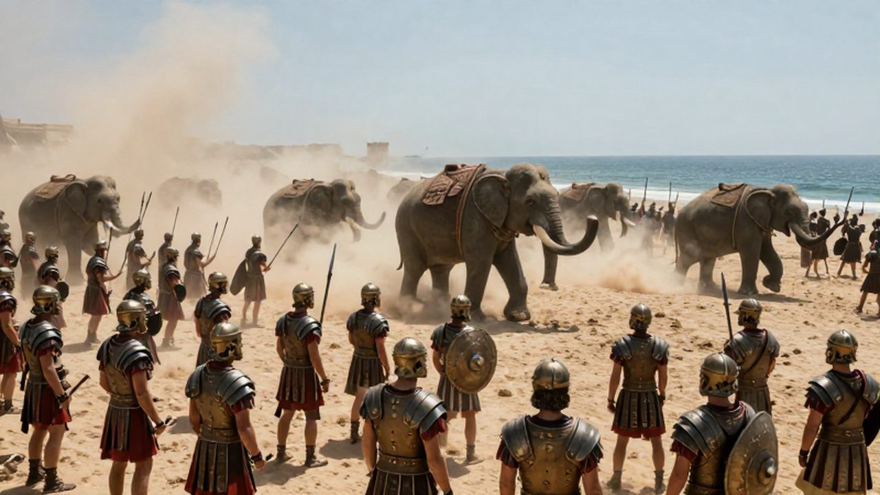 Legionarios romanos con escudos de bronce enfrentan a un elefante de guerra cartaginés en la costa mediterránea.