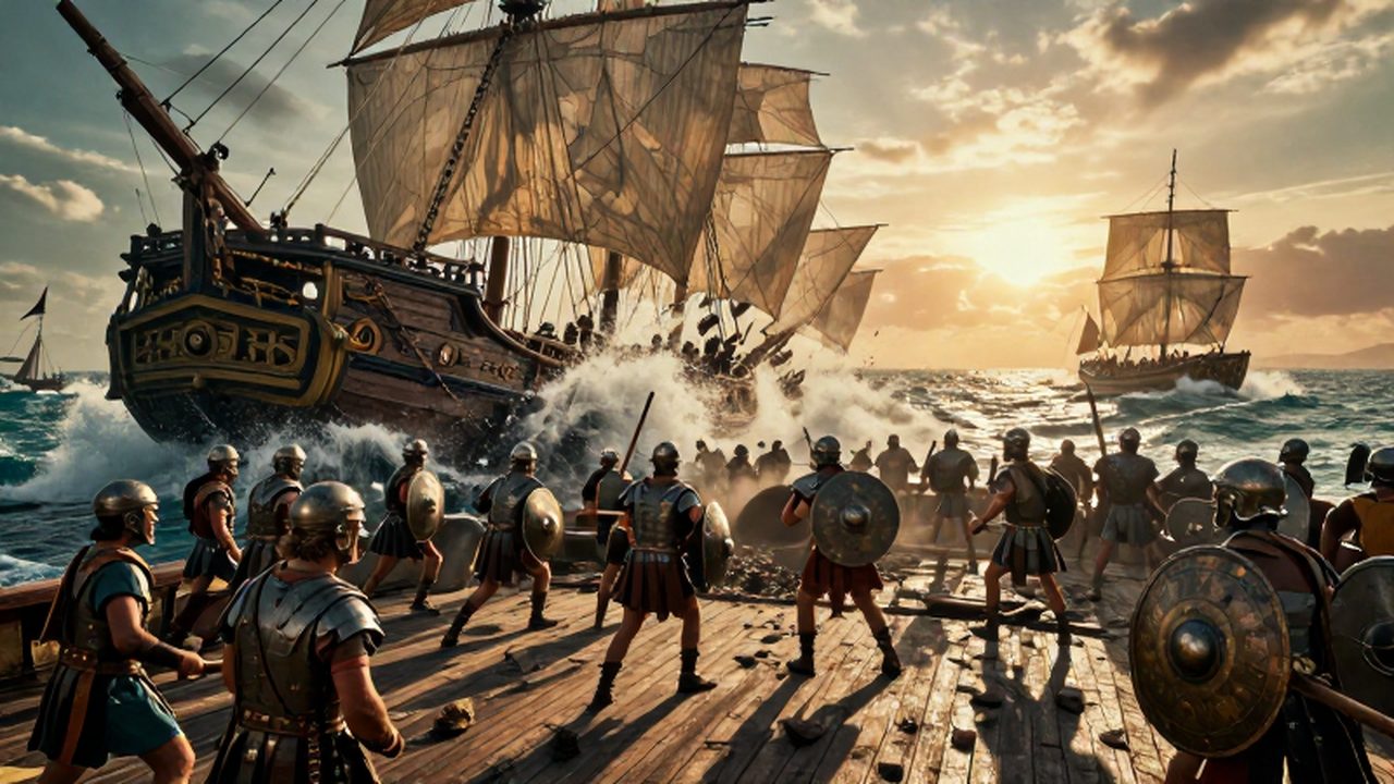 Legionarios romanos y marinos cartagineses luchan en la cubierta de barcos chocando en el Mediterráneo.