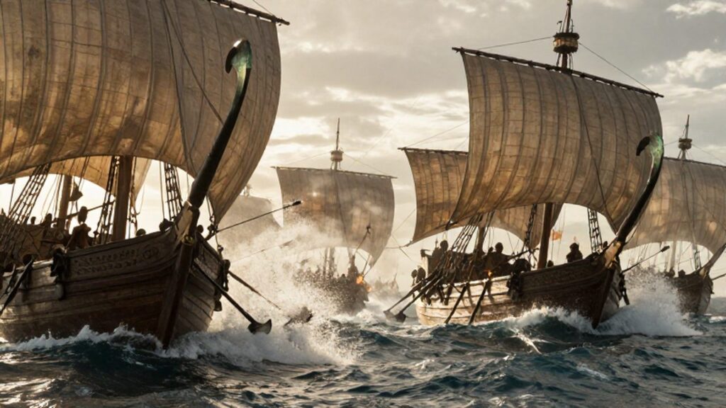 Batalla naval entre quinquerremes romanos y cartagineses con naves colisionando en el mar mediterráneo.