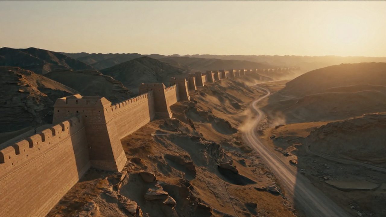 Colosales murallas de piedra y torres de vigilancia recorren un paso de montaña al atardecer.