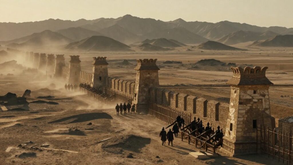 Legionarios romanos patrullan una extensa línea de fortificaciones de piedra en un desierto montañoso.