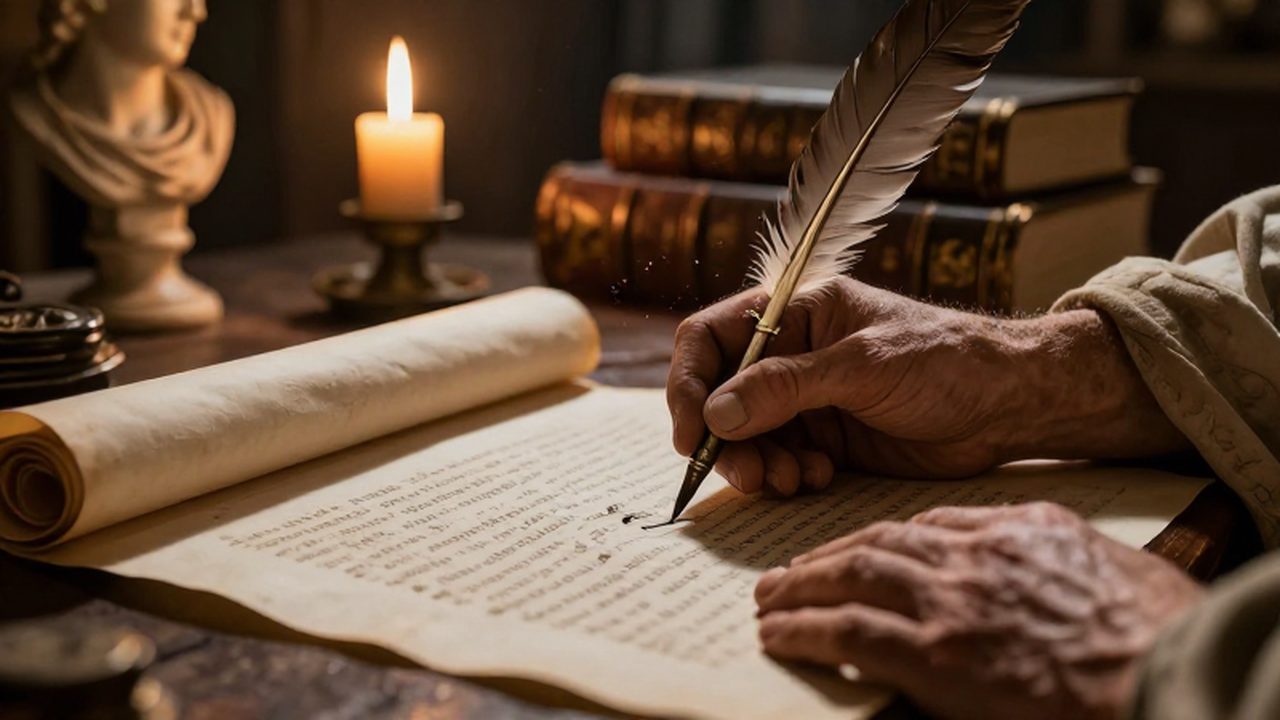 Manos de un erudito romano escribiendo con una pluma de bronce sobre un pergamino antiguo.