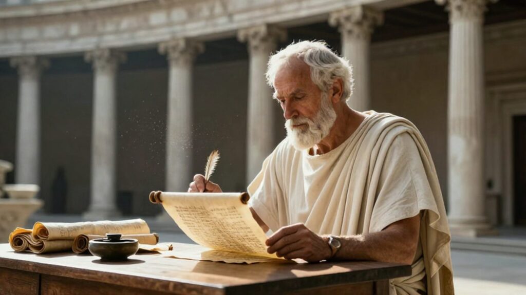 Un erudito romano con toga escribe en un papiro sobre una mesa de madera en un patio de mármol.