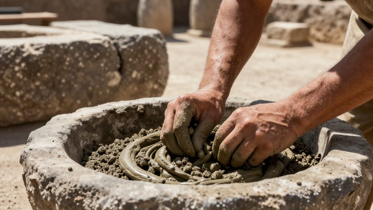 Manos mezclando mortero de cal y ceniza volcánica en un taller de ingeniería romano.