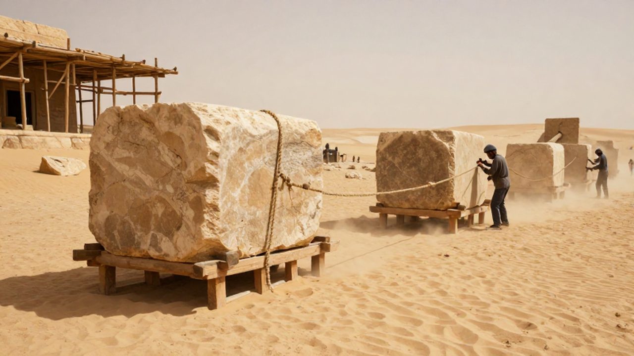 Trabajadores transportan enormes bloques de piedra sobre trineos de madera en un desierto soleado.