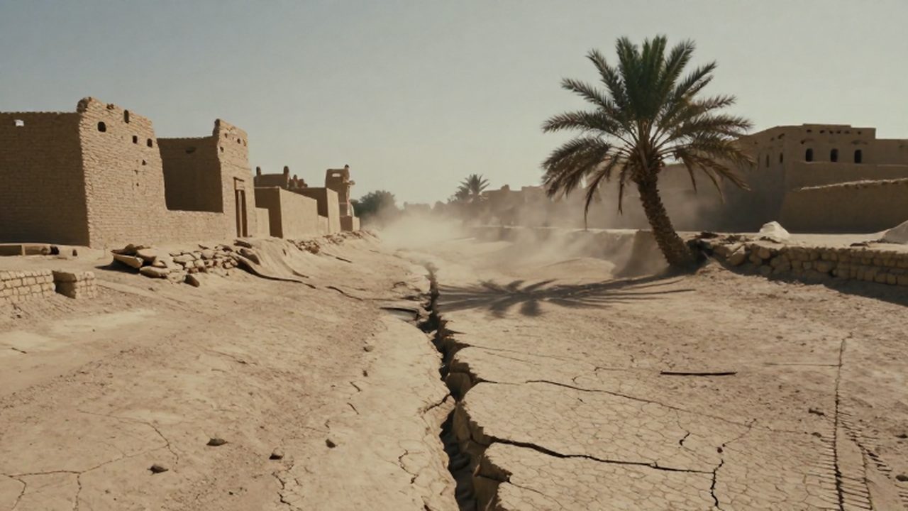 Ruinas de una ciudad mesopotámica entre estructuras de barro desmoronadas y un lecho de río seco.