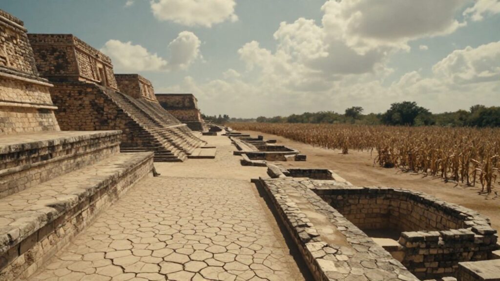 Ruinas de una antigua ciudad maya rodeadas de tierra agrietada y campos de maíz secos.