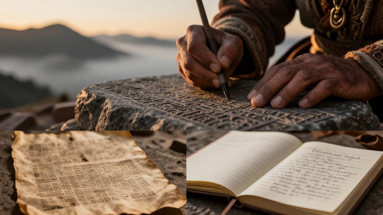 Manos de un escriba inca tallando glifos en una piedra junto a un pergamino antiguo.