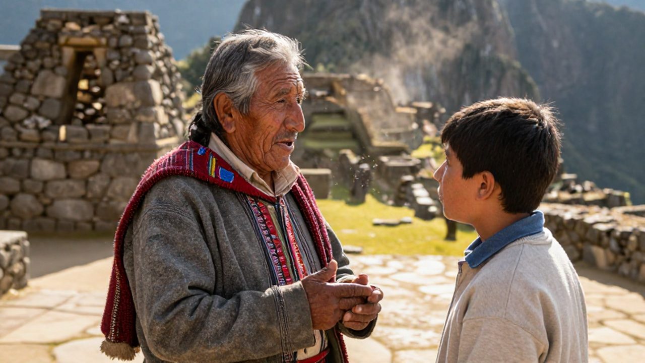 Un hombre quechua con textiles tradicionales conversa apasionadamente con un joven estudiante en Machu Picchu.