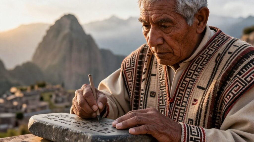 Escriba inca con túnica tradicional tallando símbolos en una tableta de piedra ante un paisaje andino.
