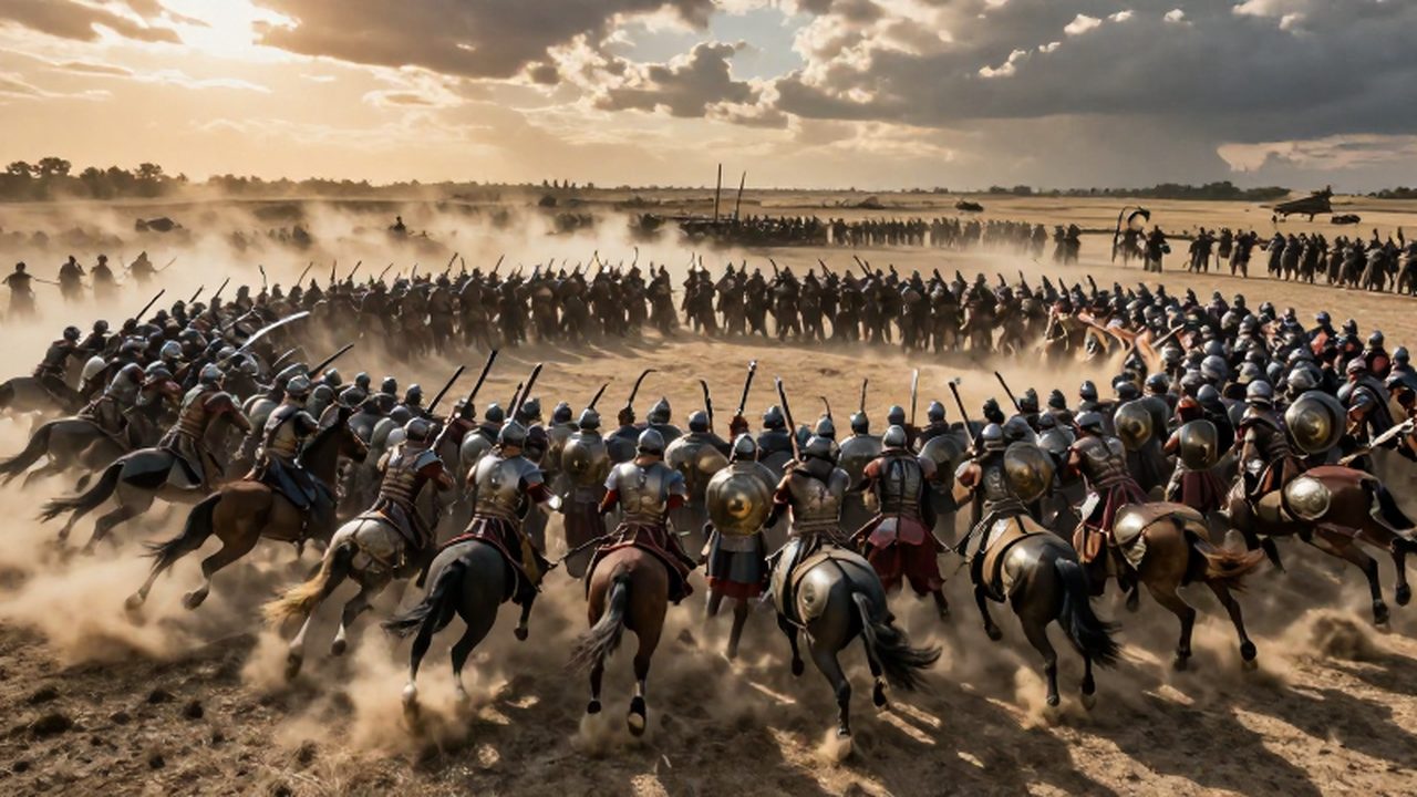 Legiones romanas rodeadas por la caballería cartaginesa en medio de una caótica batalla bajo un atardecer polvoriento.