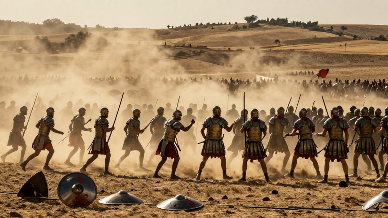 Legiones romanas y soldados cartagineses luchan entre nubes de polvo en el campo de batalla de Zama.