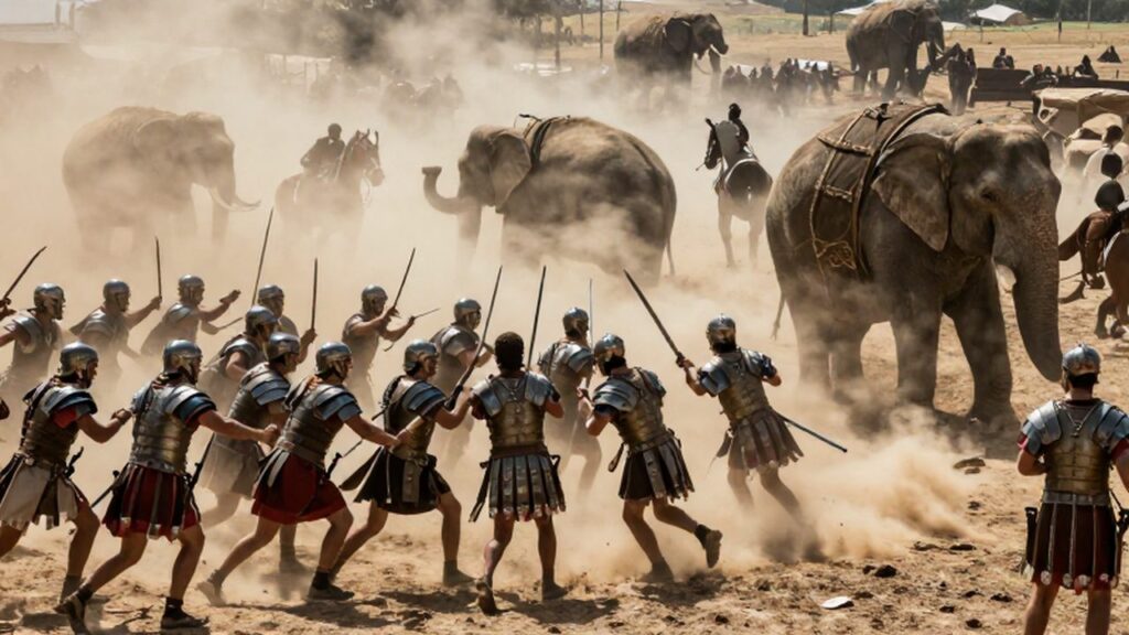 Legiones romanas y elefantes cartagineses en un combate caótico bajo el polvo de Cannae.