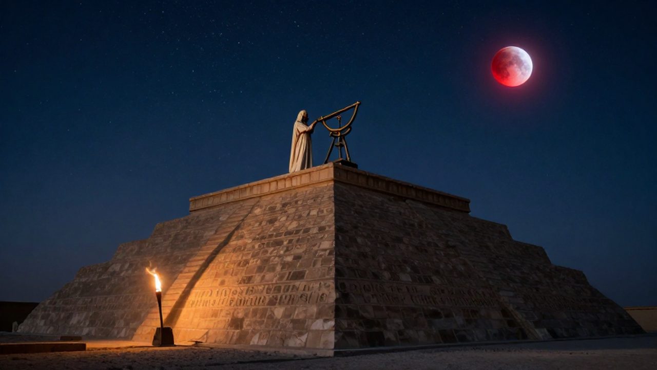 Sacerdote mesopotámico observa un eclipse lunar rojo desde la cima de un zigurat al anochecer.