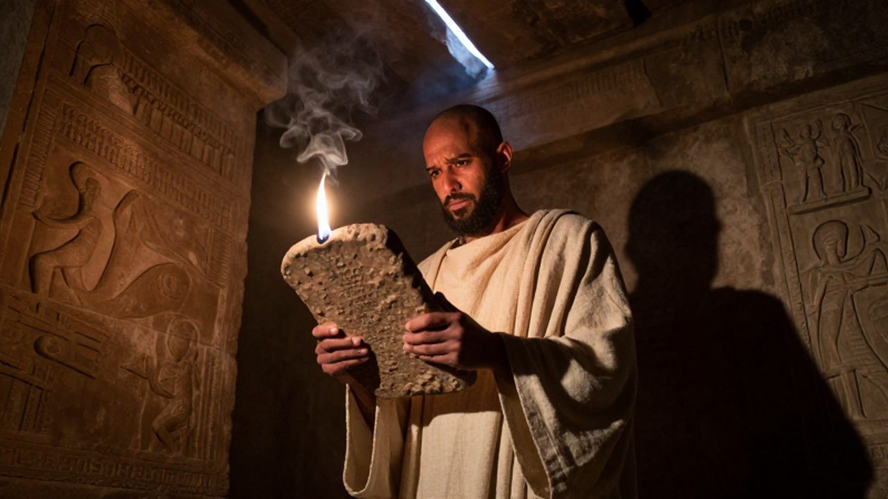 Sacerdote mesopotámico angustiado sosteniendo una tablilla de arcilla en la penumbra de un templo antiguo.