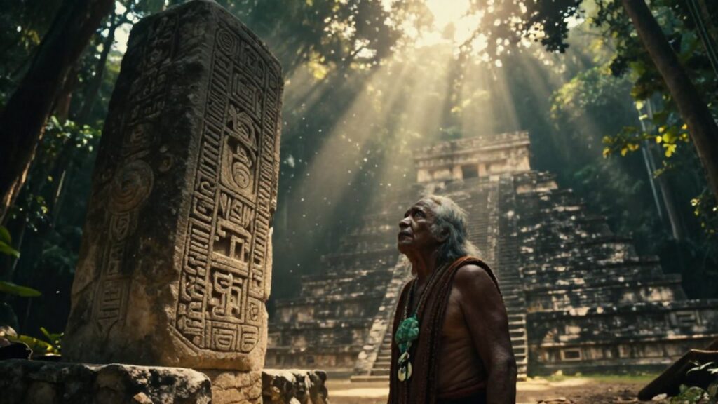 Sacerdote maya con adornos de jade contempla un monolito tallado entre ruinas y la selva.