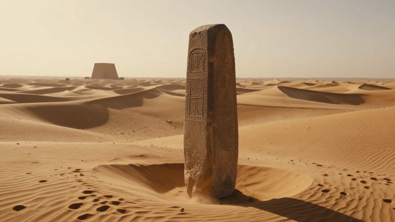 Monolito de piedra con inscripciones antiguas rodeado de dunas en un desierto mesopotámico.