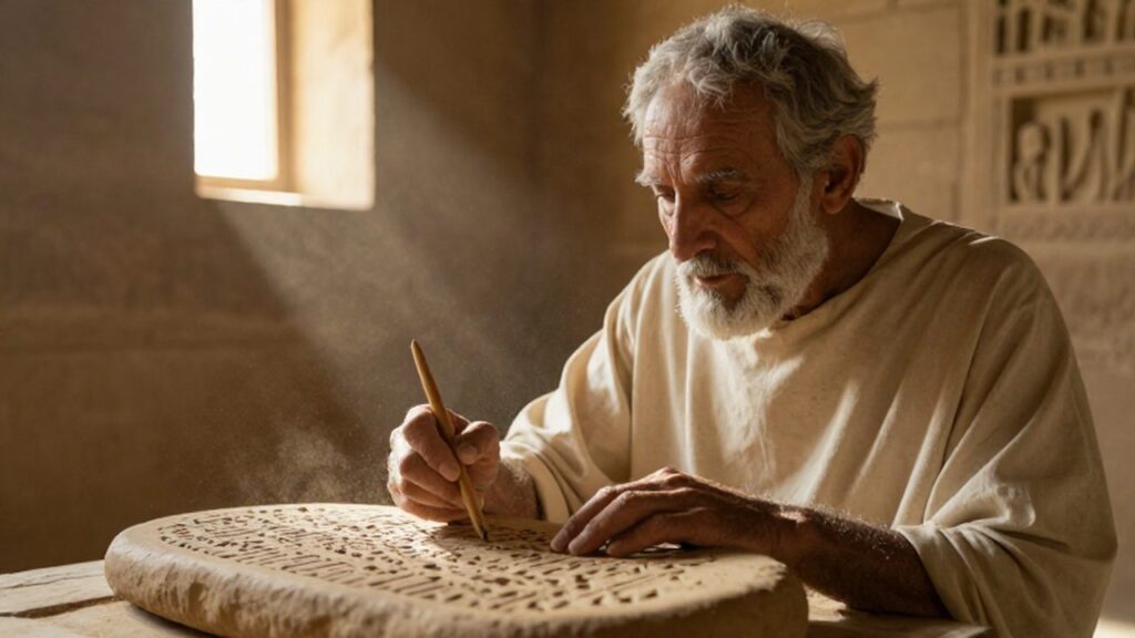 Escriba sumerio grabando inscripciones cuneiformes en una tablilla de arcilla bajo la luz del sol.