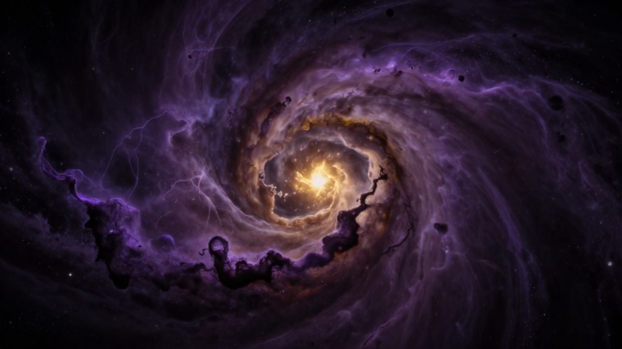 Una chispa dorada emerge entre nubes de gas violeta y polvo estelar en el vacío cósmico.