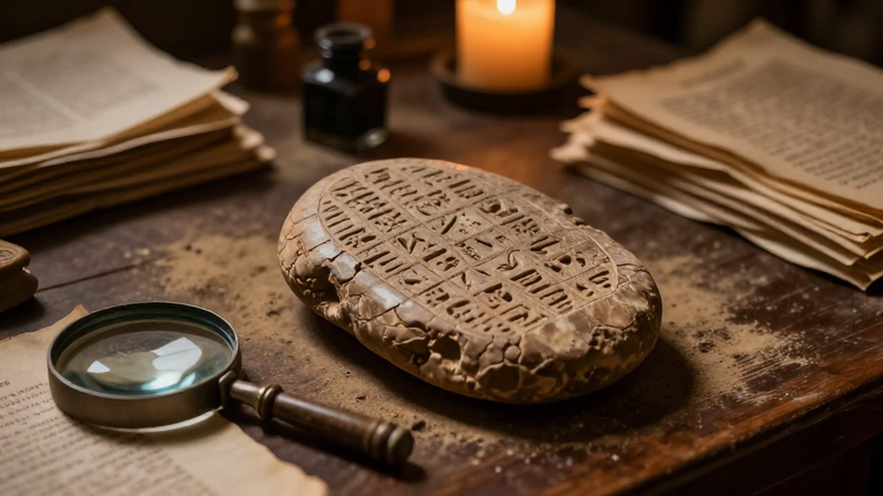 Tablilla de arcilla con inscripciones cuneiformes sobre un escritorio de madera iluminado por velas.