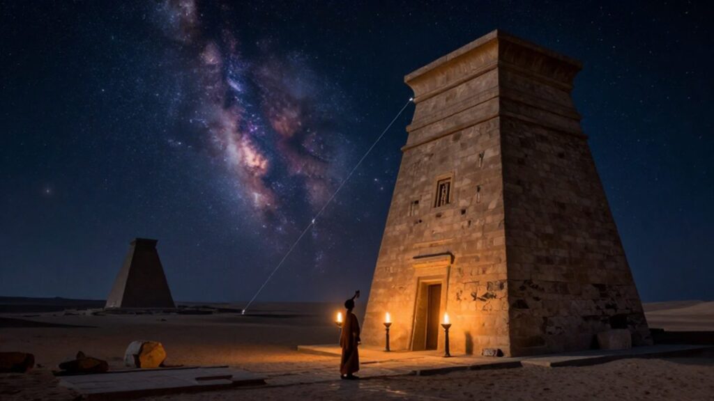 Sacerdote mesopotámico observando el cielo estrellado desde un observatorio de piedra junto a un zigurat.