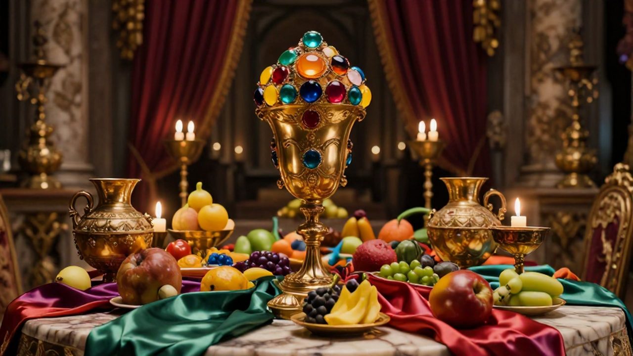 Cáliz de oro con joyas brillantes y frutas decorativas sobre una mesa en un banquete antiguo.