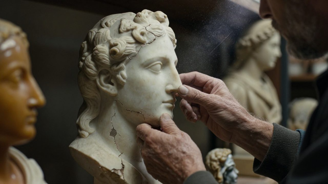 Manos de un arqueólogo examinando cuidadosamente un busto de mármol agrietado en un archivo iluminado.