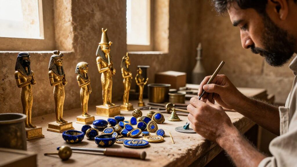 Artesano egipcio tallando figurillas doradas de deidades sobre una mesa llena de objetos ornamentales.