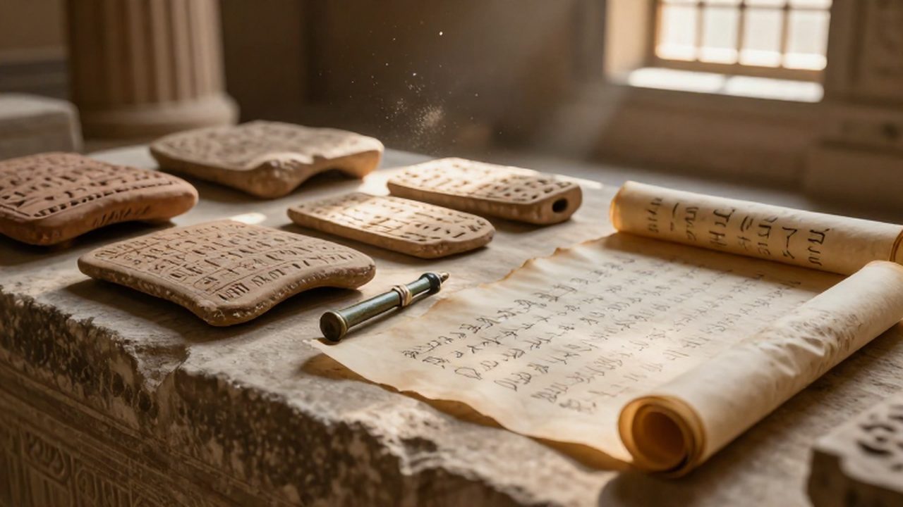 Tablillas de arcilla con escritura cuneiforme y pergaminos antiguos sobre un banco de piedra.