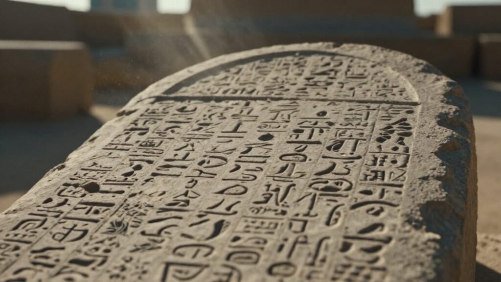 Detalle de inscripciones en escritura cuneiforme grabadas sobre una antigua tablilla de piedra caliza.