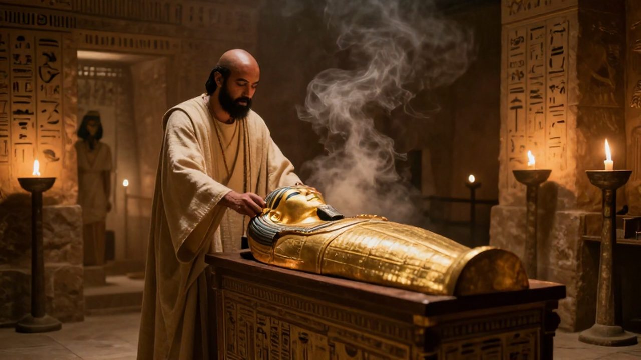 Sacerdote egipcio realizando un ritual ante un sarcófago con máscara dorada en una cámara iluminada por antorchas.