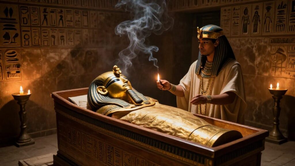 Sacerdote egipcio realizando un ritual funerario junto a una máscara de oro sobre un sarcófago.