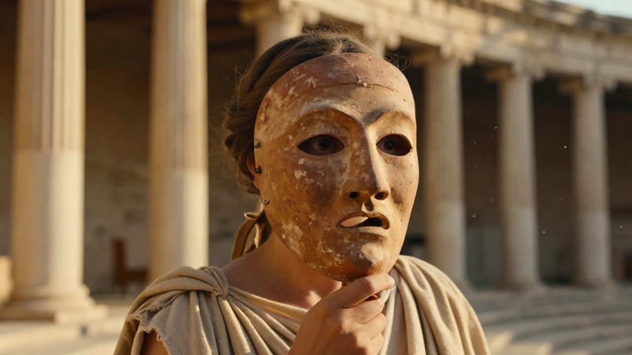 Actriz de la antigua Grecia sosteniendo una máscara de terracota bajo la luz dorada del anfiteatro.
