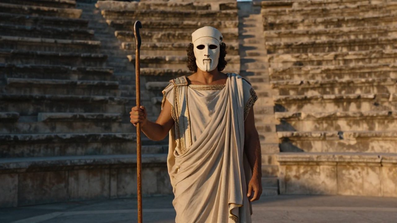 Actor con máscara de tragedia y túnica sobre el escenario de un anfiteatro griego al atardecer.