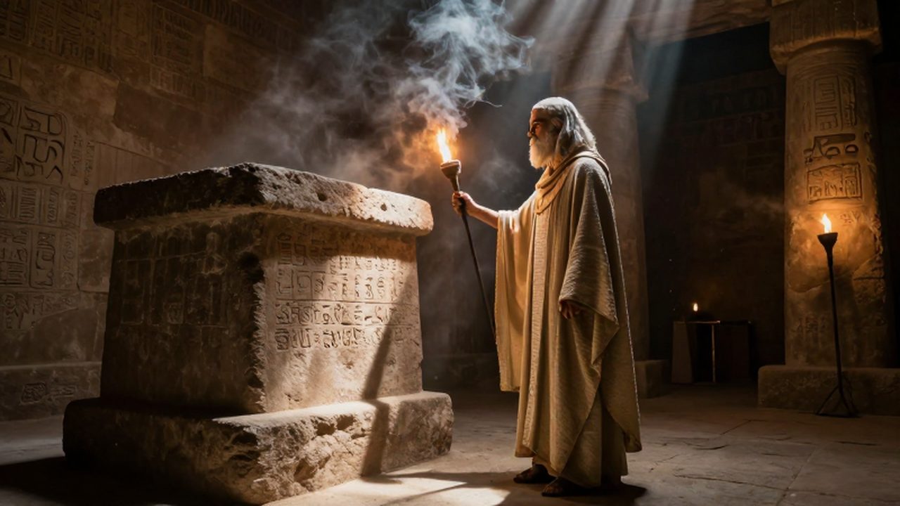 Un iniciado mesopotámico frente a un altar de piedra en un templo iluminado por antorchas.
