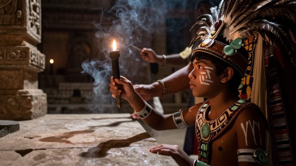 Un joven con pintura ritual y ornamentos de jade durante una ceremonia maya ante un sacerdote.