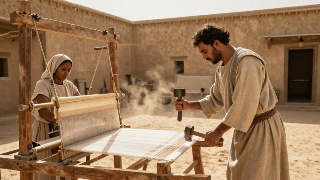 Hombre trabajando la piedra con cincel y mujer tejiendo en un telar en Mesopotamia.