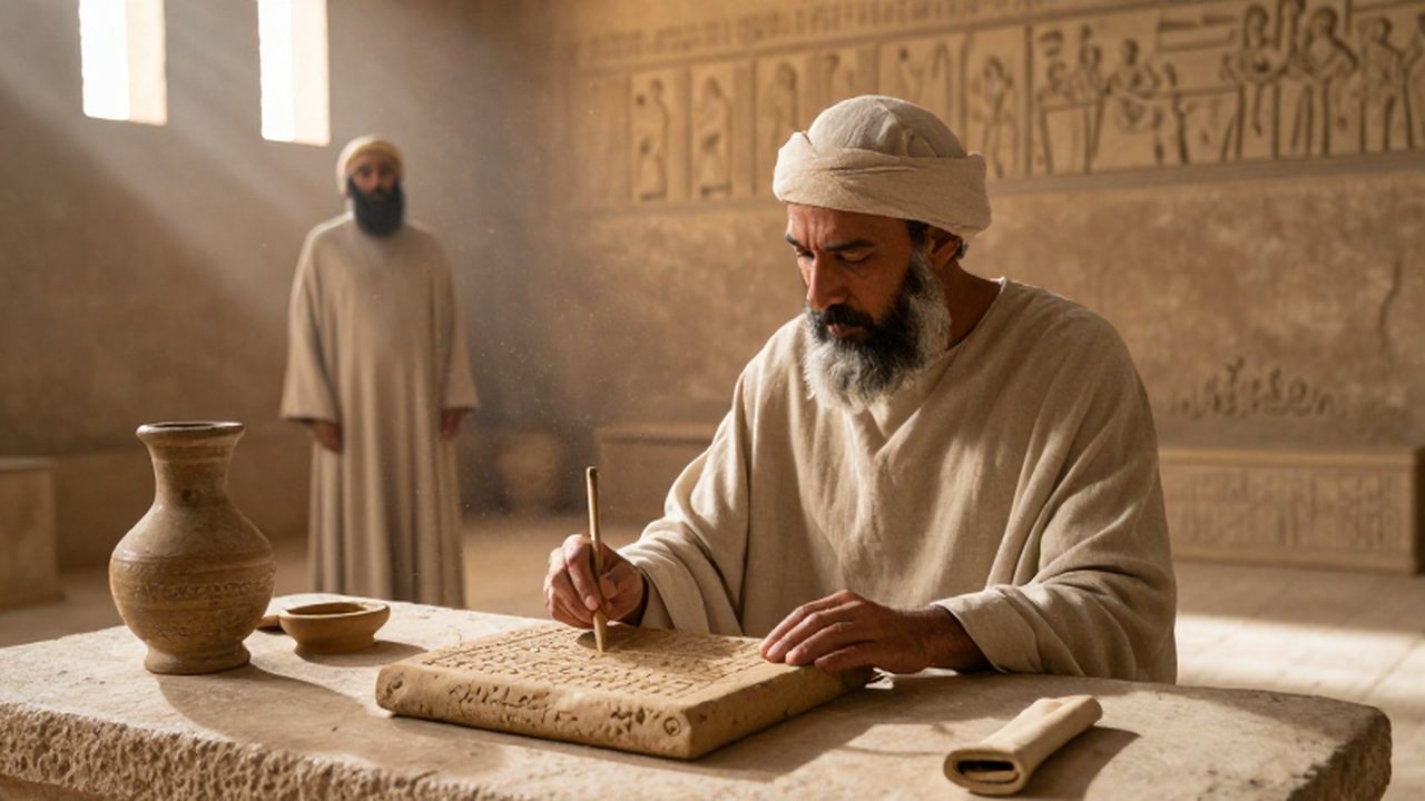 Un escriba mesopotámico graba inscripciones cuneiformes en una tablilla de arcilla sobre un escritorio de piedra.
