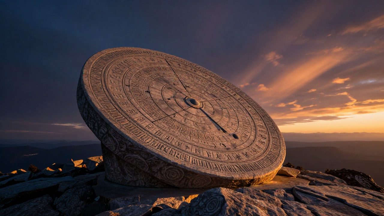 Antiguo observatorio de piedra con un gran reloj de sol grabado bajo un cielo estrellado.
