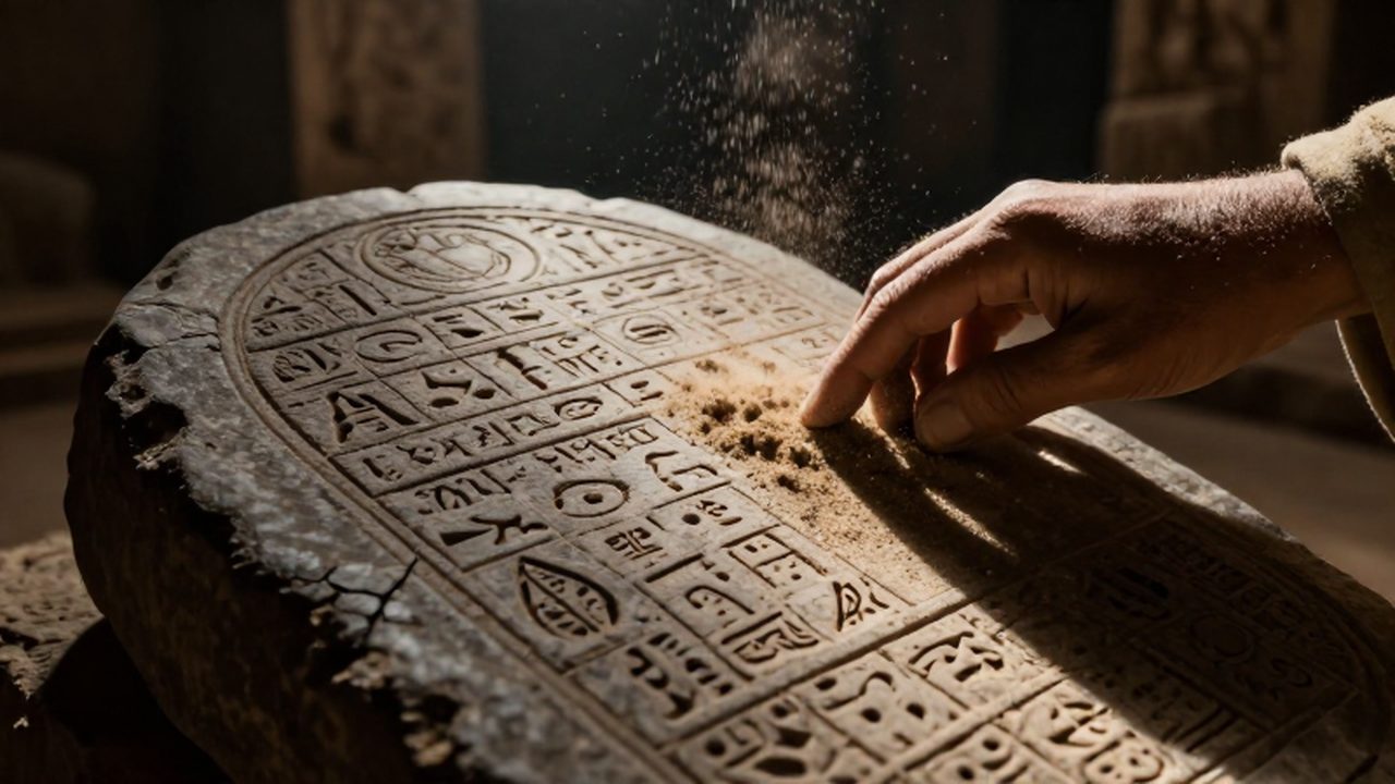 La mano de un erudito limpia el polvo de unos glifos tallados en una tabla de piedra antigua.