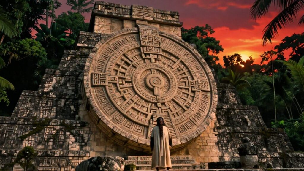Sacerdote maya contempla un horizonte rojo junto a un calendario de piedra sobre una pirámide selvática.
