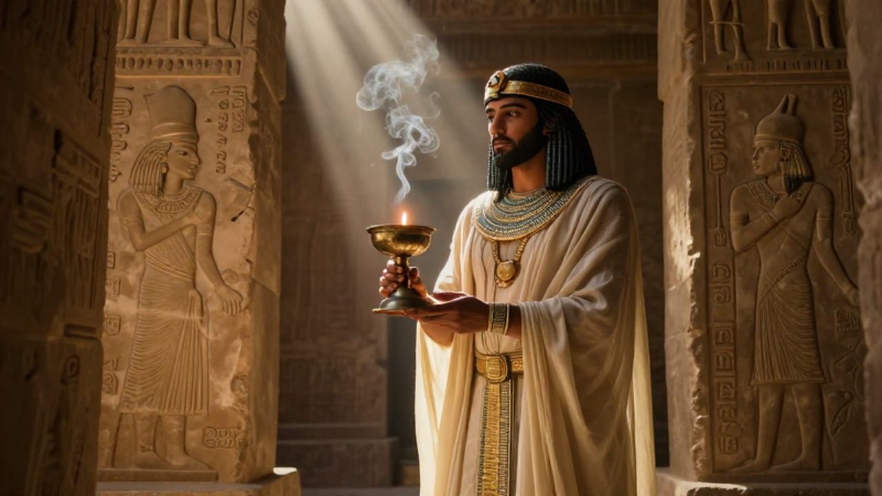 Figura de la antigua Mesopotamia con adornos dorados sosteniendo un incensario frente a un templo de piedra.